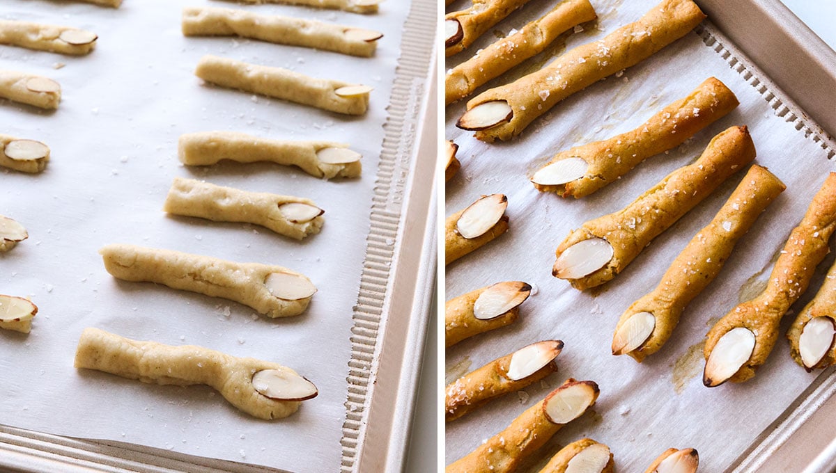 almond and salt added to pretzels to look like witch fingers and baked.