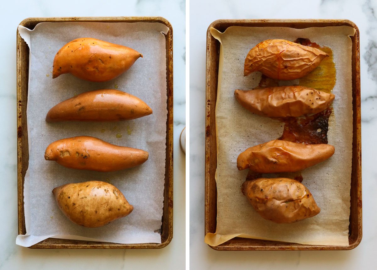 Sweet potatoes on a lined baking sheet before and after baking.