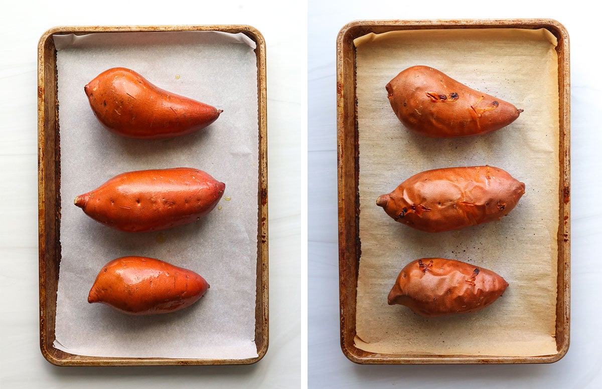 sweet potatoes on a parchment lined pan before and after baking.