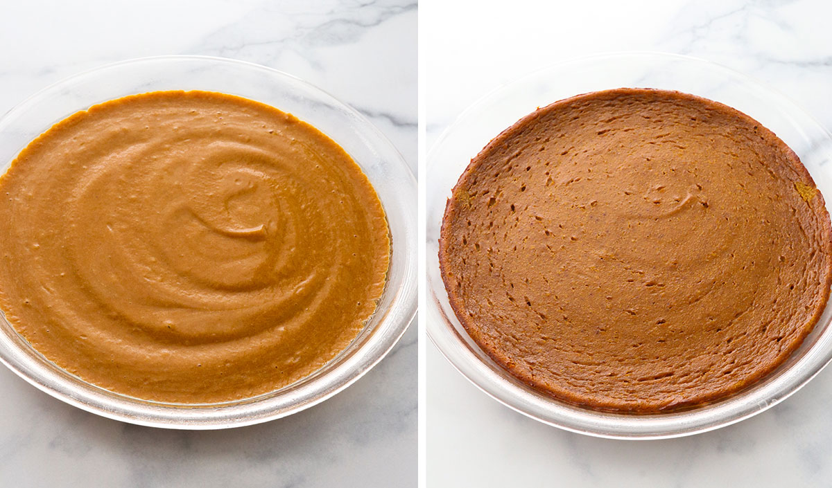 Crustless pie in a glass pan before and after baking.