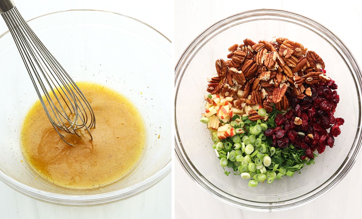 vinaigrette mixed in a glass bowl with chopped veggies and nuts added in.