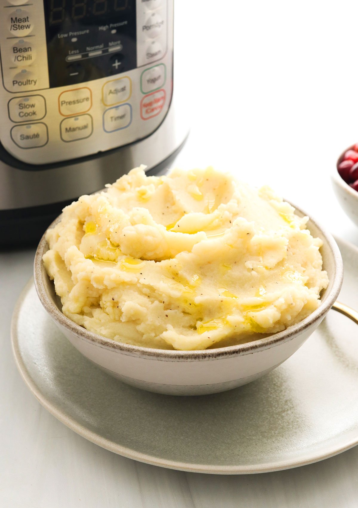 mashed potatoes heaped in a bowl in front of the Instant Pot. 