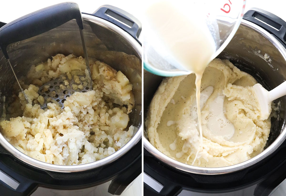 potatoes mashed with milk added to the pressure cooker.
