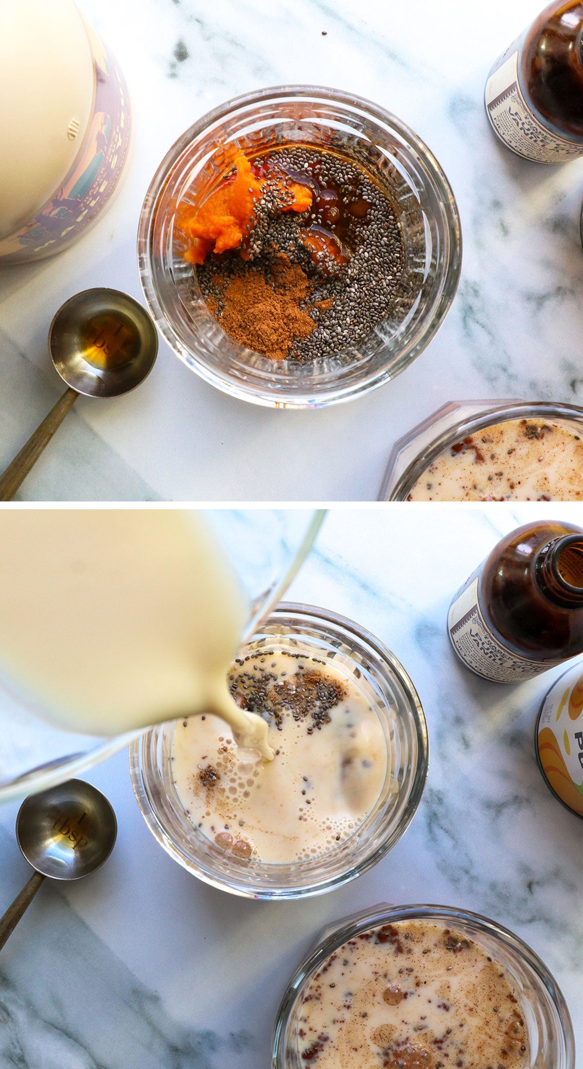 pumpkin, chia seeds, spices, and milk added to glass jars.