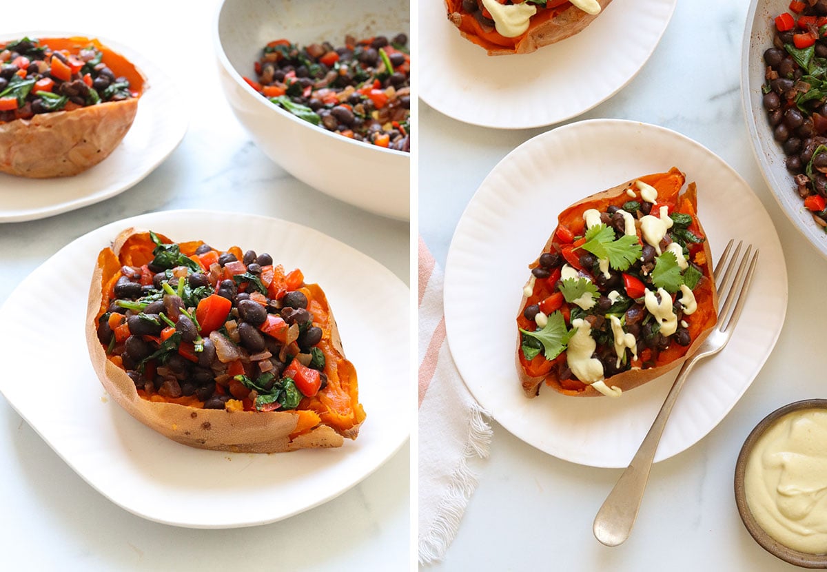 sweet potato stuffed with black bean mixture and topped with cashew sauce.