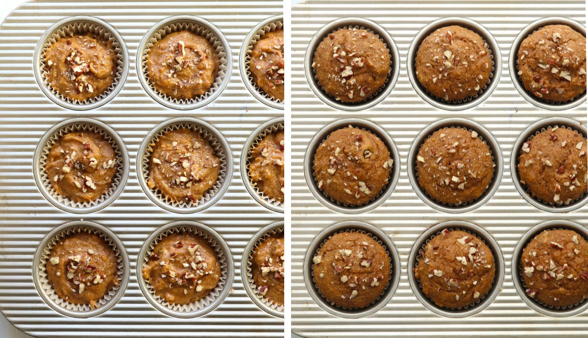 muffins topped with pecans before and after baking in a muffin tin.