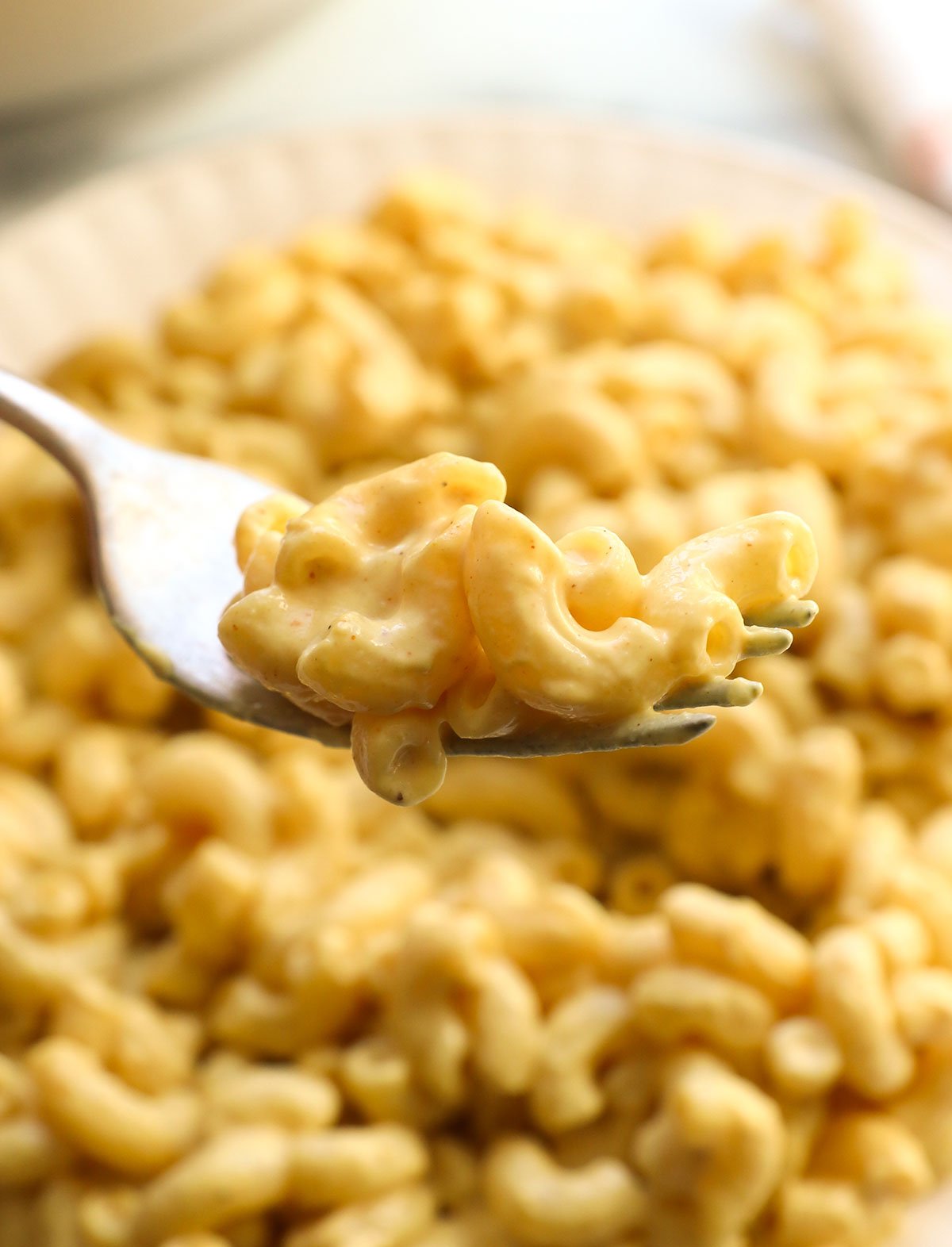 vegan mac and cheese lifted close up on a fork. 