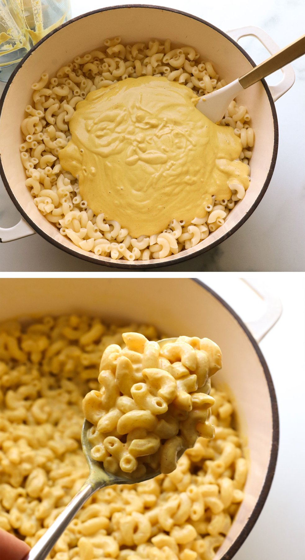 vegan cheese sauce poured over noodles and stirred in a white pot. 