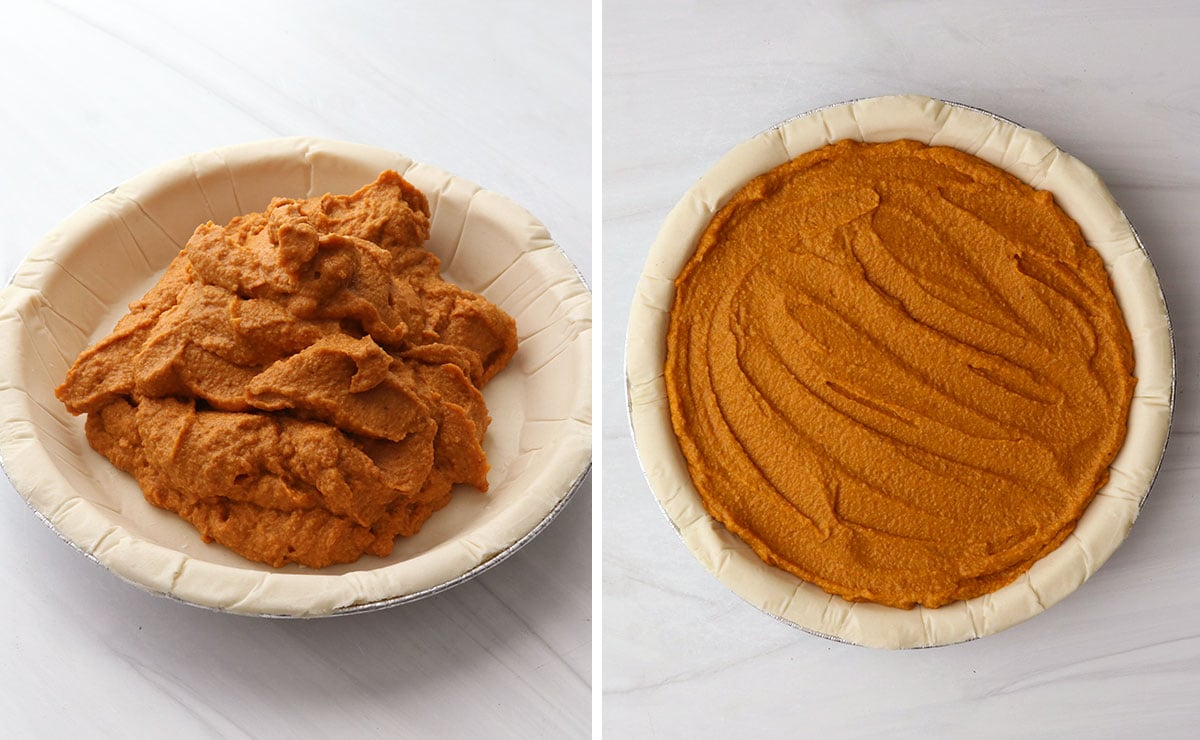 vegan pumpkin pie filling spread into an unbaked pie crust.