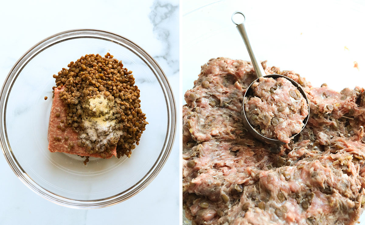 ground beef and lentils mixed together in a glass bowl.