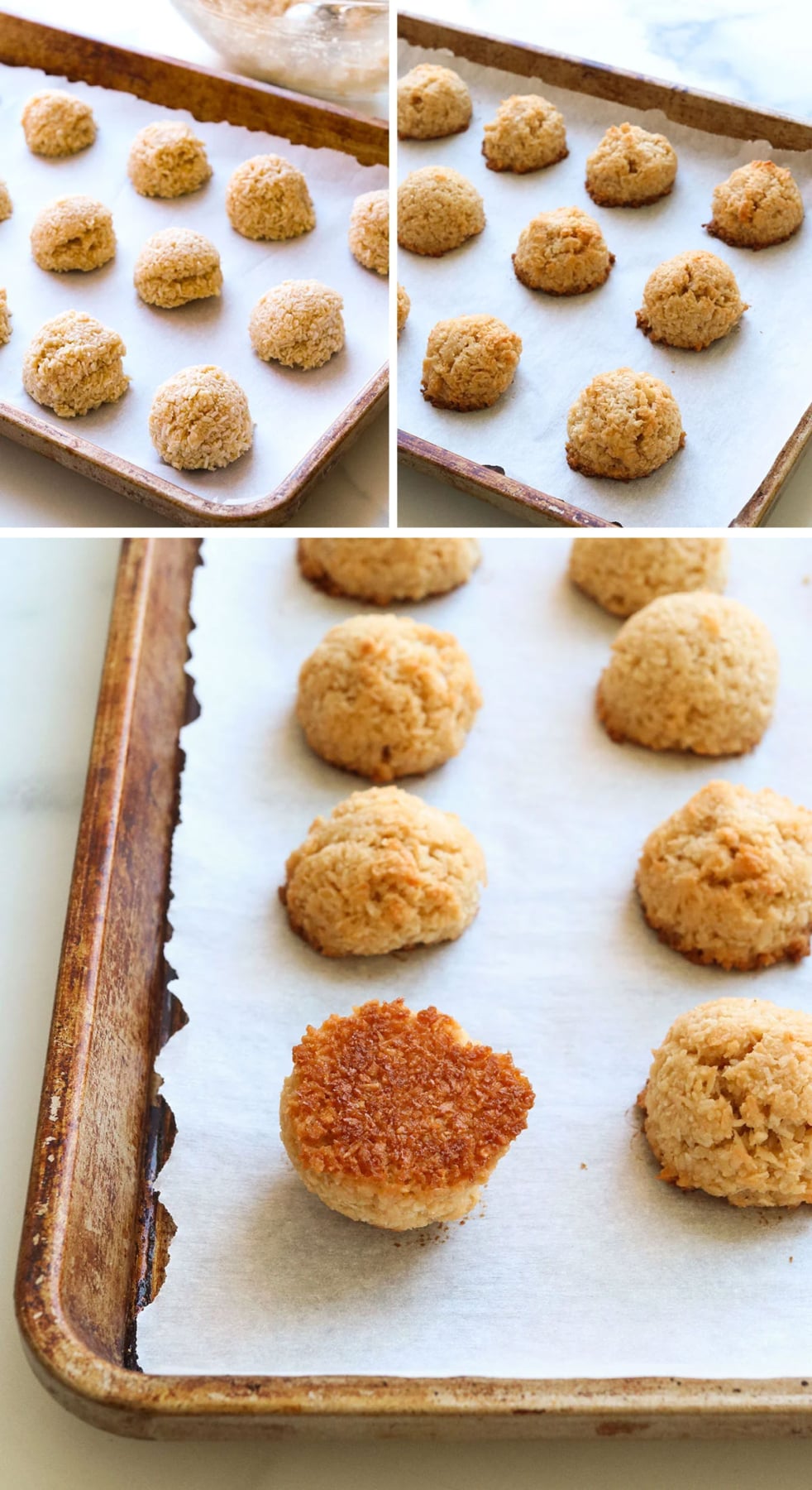 baked coconut macaroons on a pan and flipped over to show texture. 