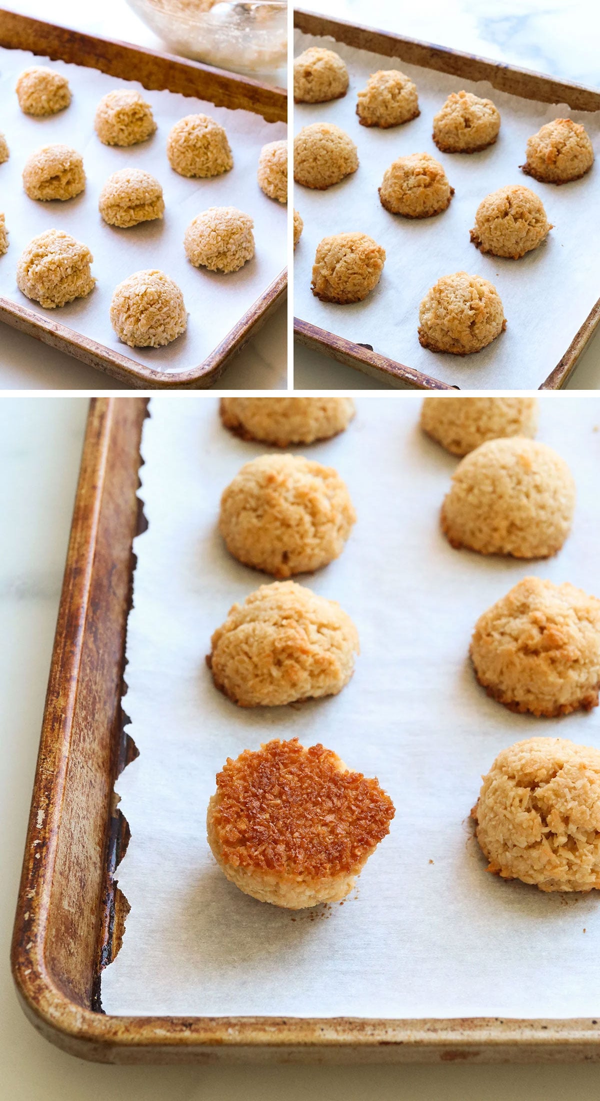 baked coconut macaroons on a pan and flipped over to show texture.