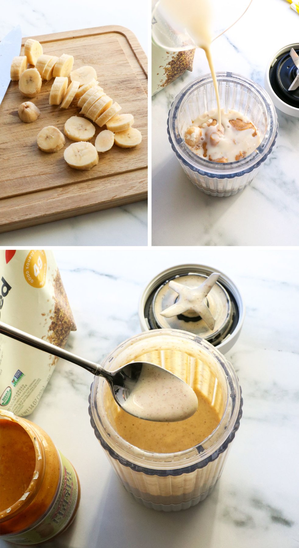 frozen banana sliced on cutting board and blended as a smoothie.