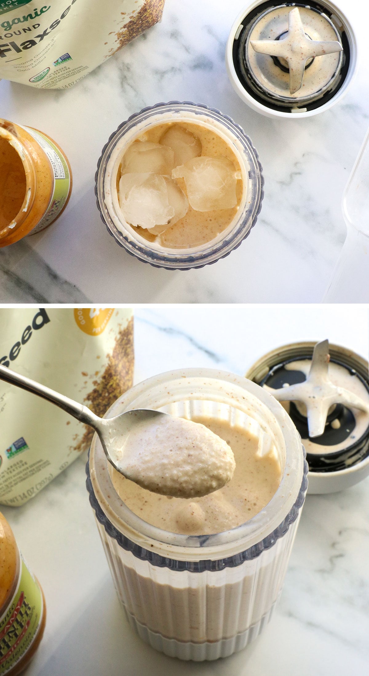 ice added to smoothie for a slushy, ice cream texture lifted on a spoon.
