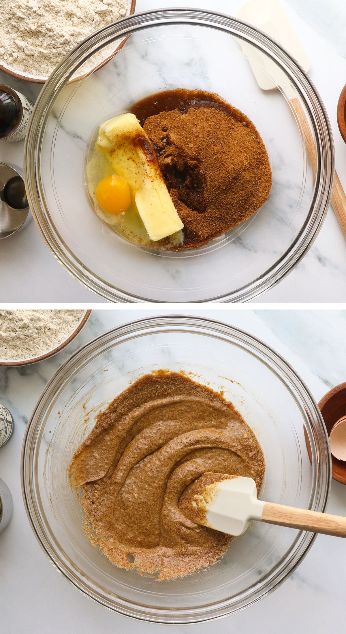 butter, sugar, egg, and vanilla mixed in a glass bowl.