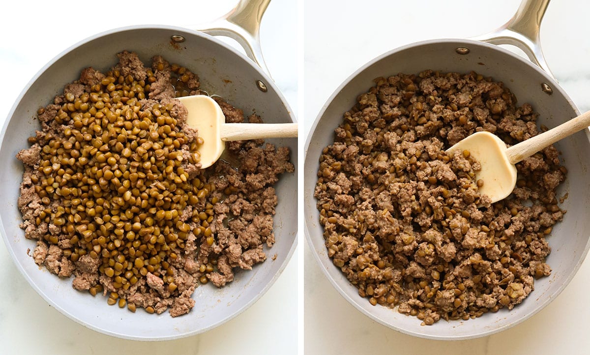 lentils added to a skillet of cooked ground beef.