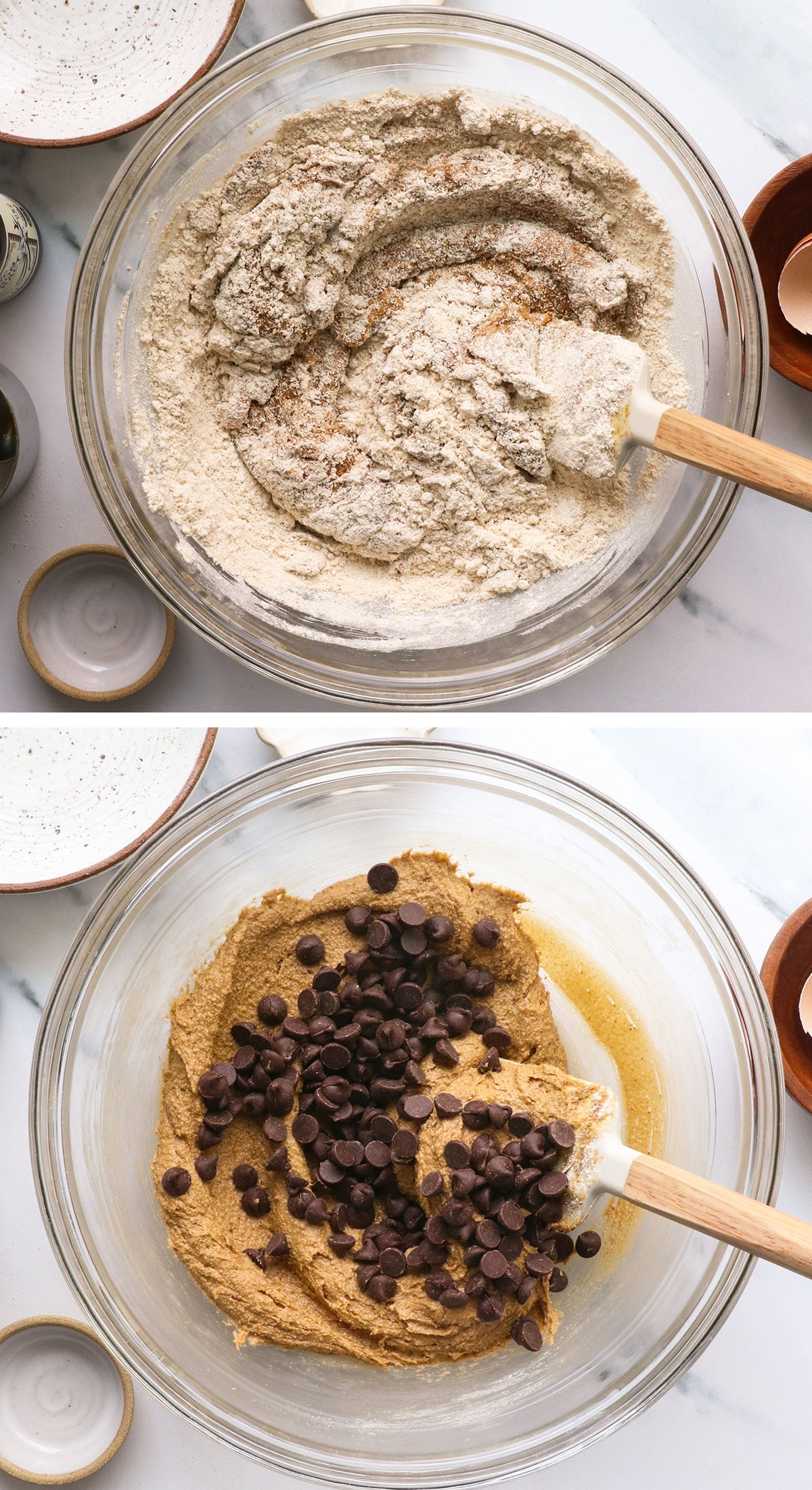 oat flour cookie dough mixed in glass bowl with chocolate chips.