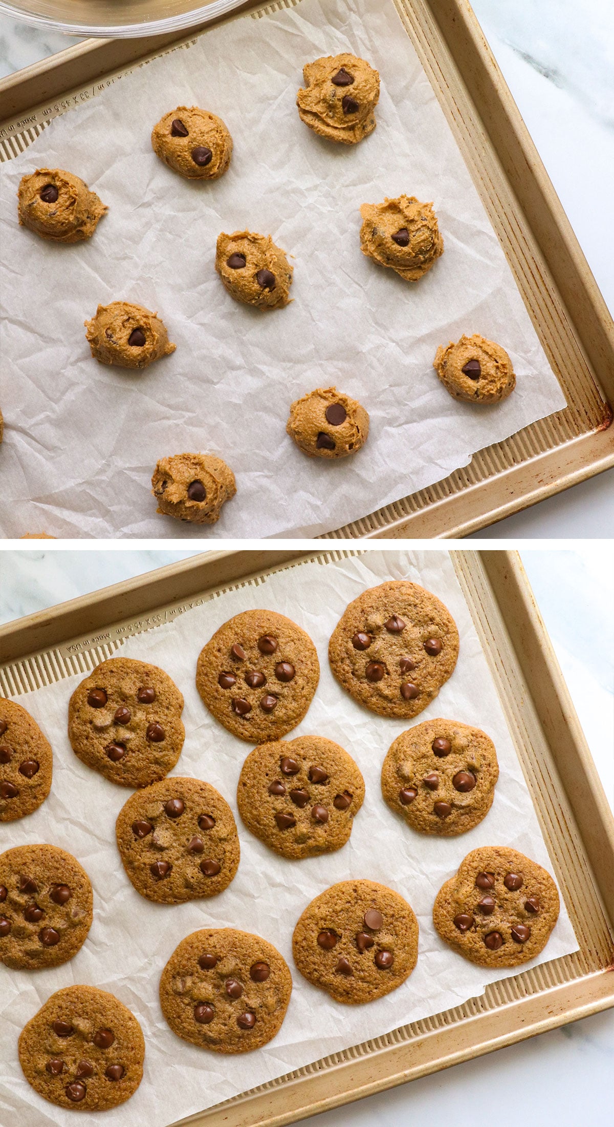 oat flour cookie dough before and after baking on a cookie sheet.