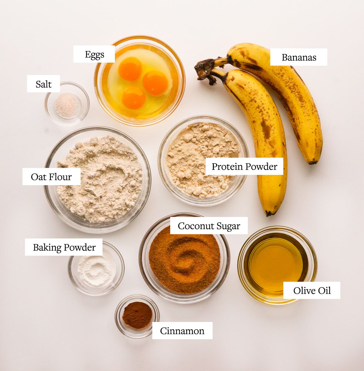 protein muffin ingredients labeled on a white surface.