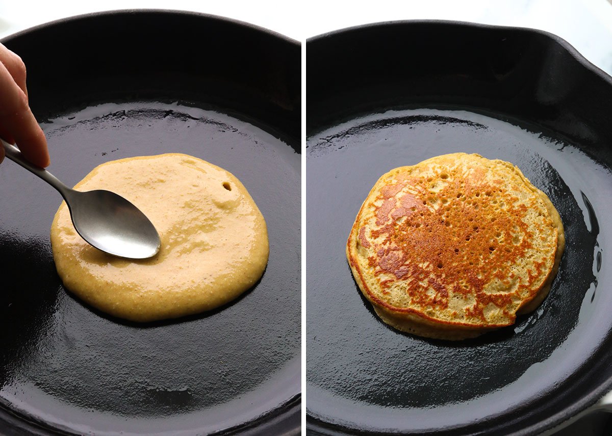 protein pancake batter spread on a skillet and flipped over to cook.