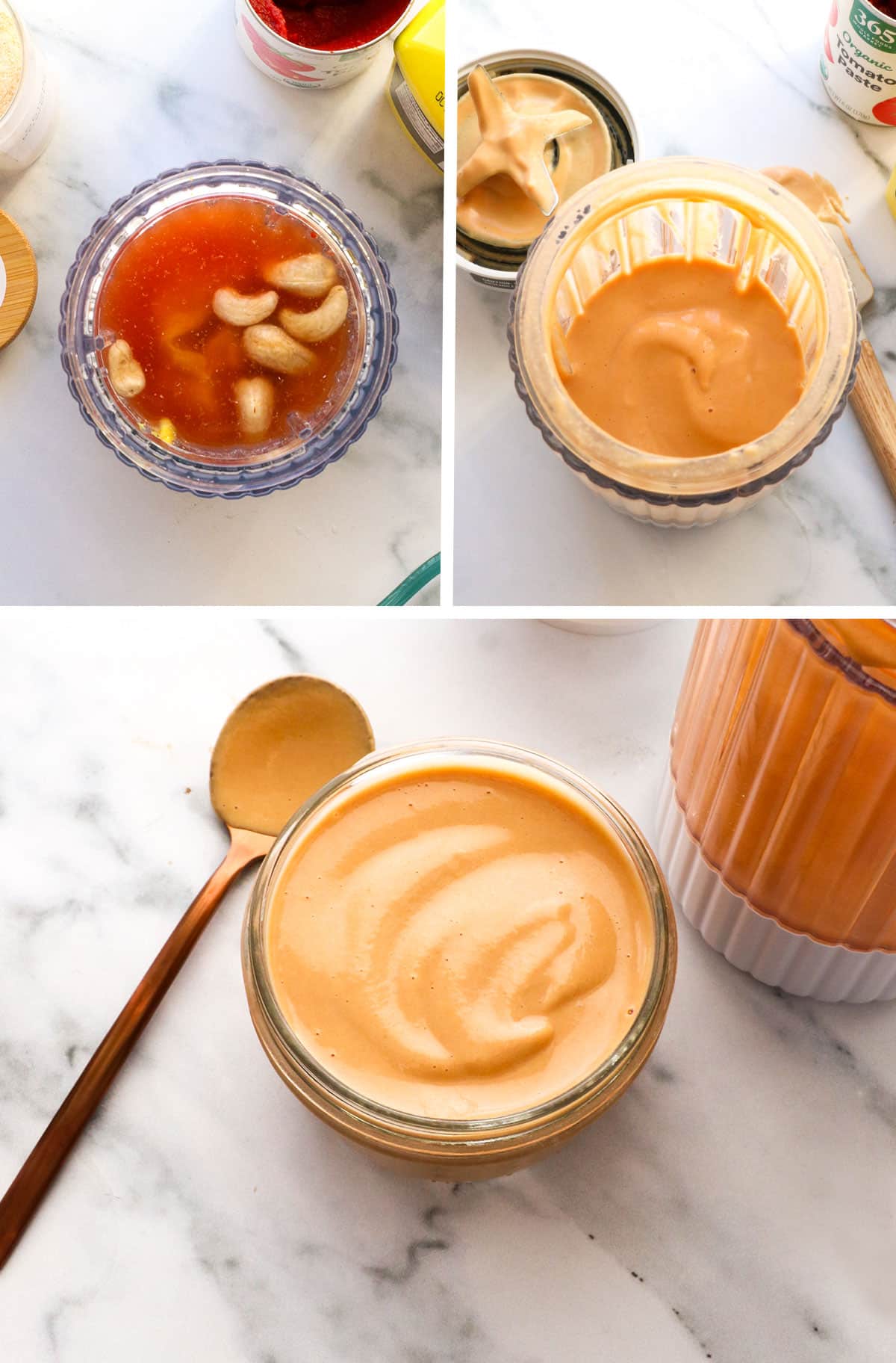 cashews blended with tomato paste, mustard, and maple syrup to make special sauce.