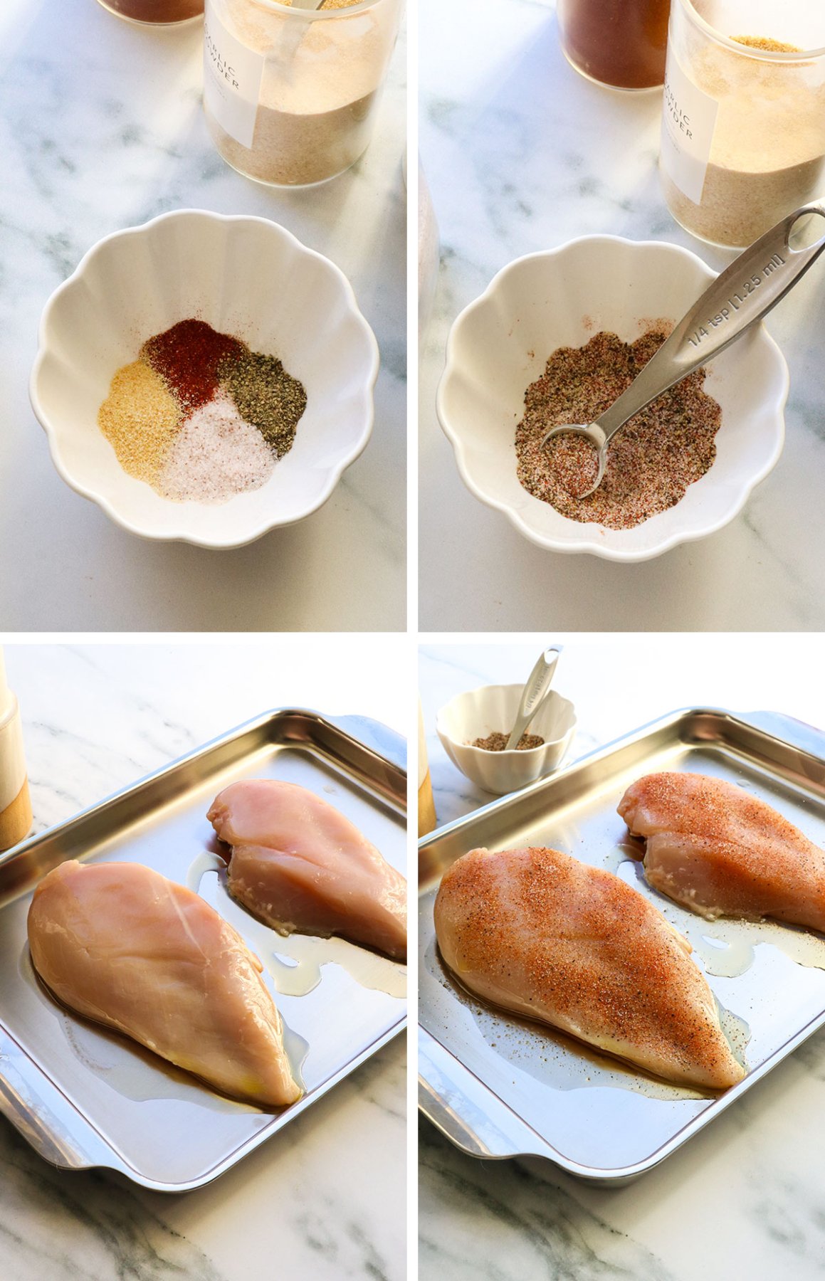 seasoning mixed and sprinkled on the chicken breasts in a pan.  - 4