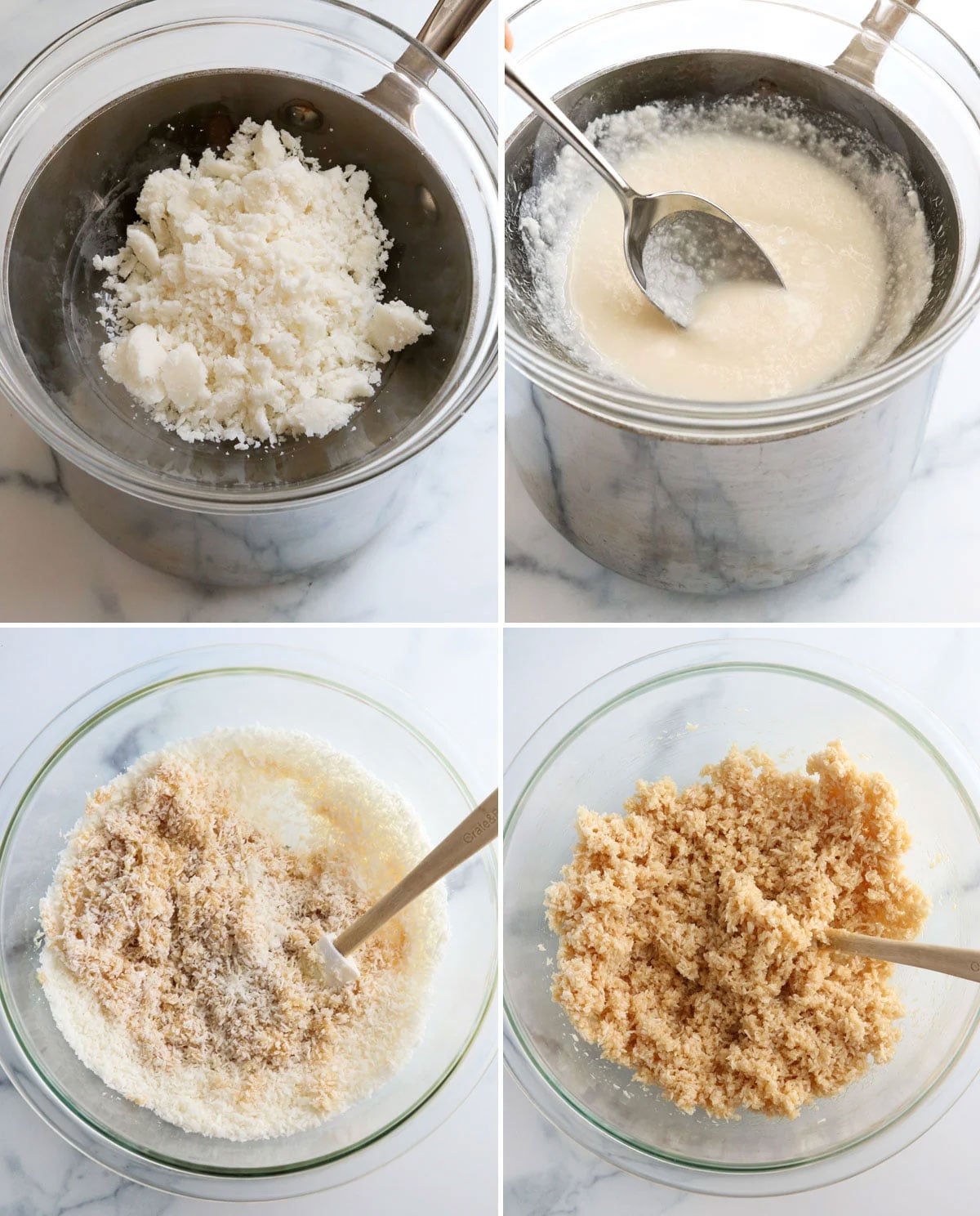 coconut butter melted and mixed into macaroon dough in a bowl. 