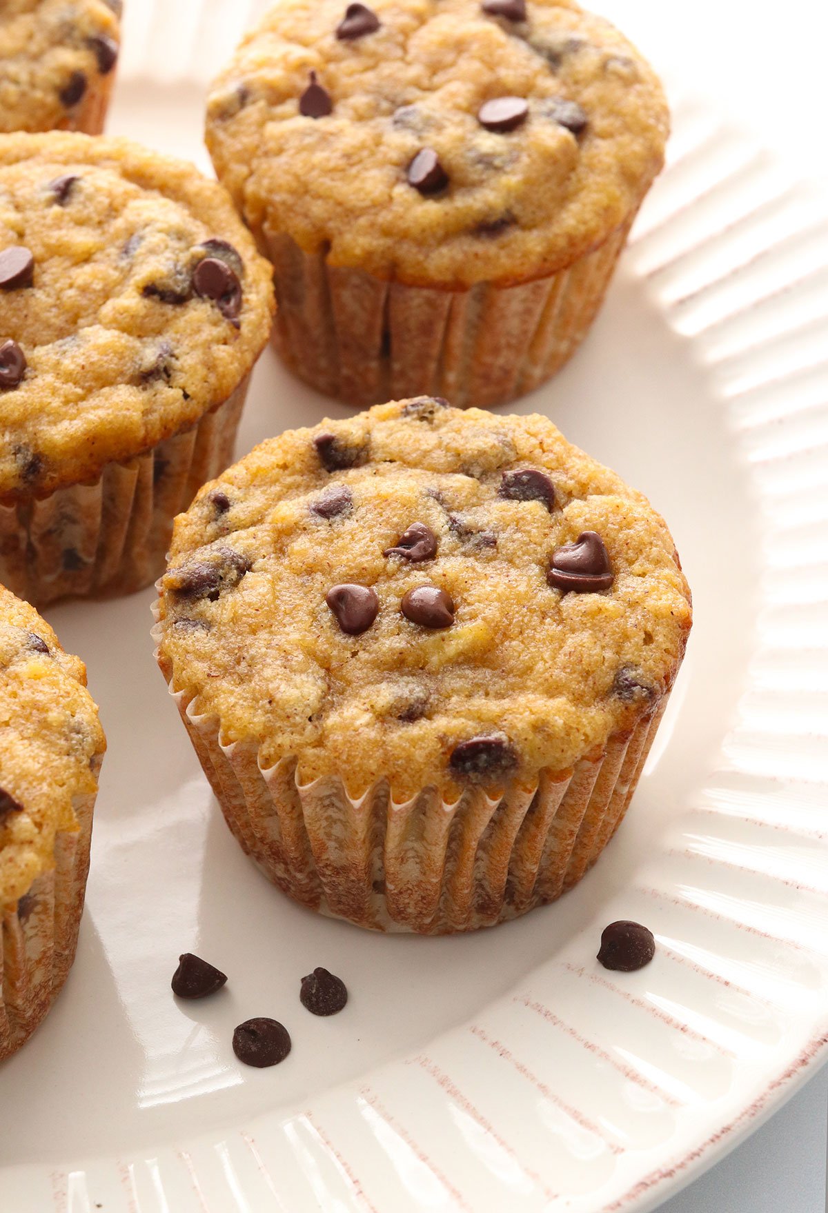 almond flour banana muffins topped with chocolate chips and arranged on a white plate.