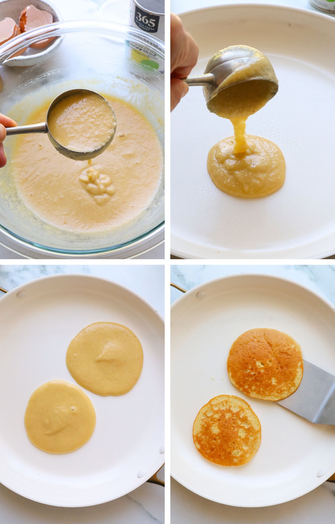 pancake batter added to a pan and flipped to show size.