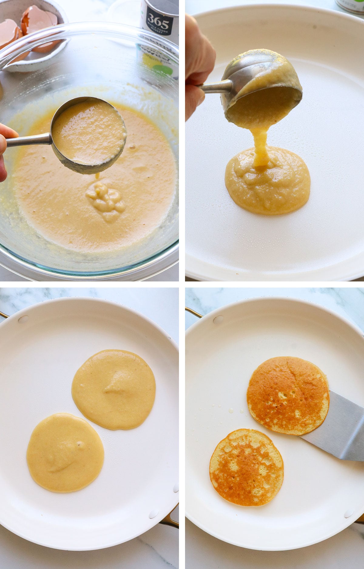pancake batter added to a pan and flipped to show size.