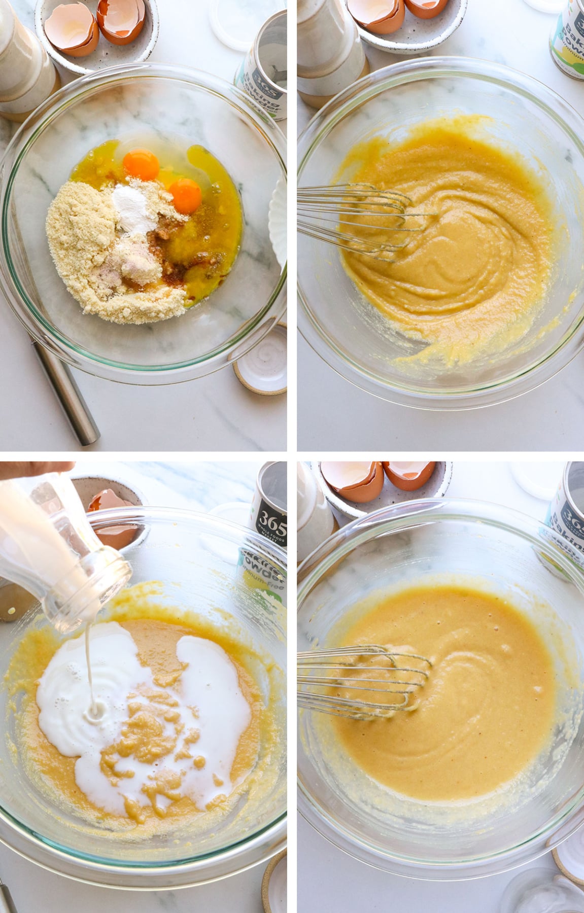 almond flour pancake batter mixed in a glass bowl with milk added.