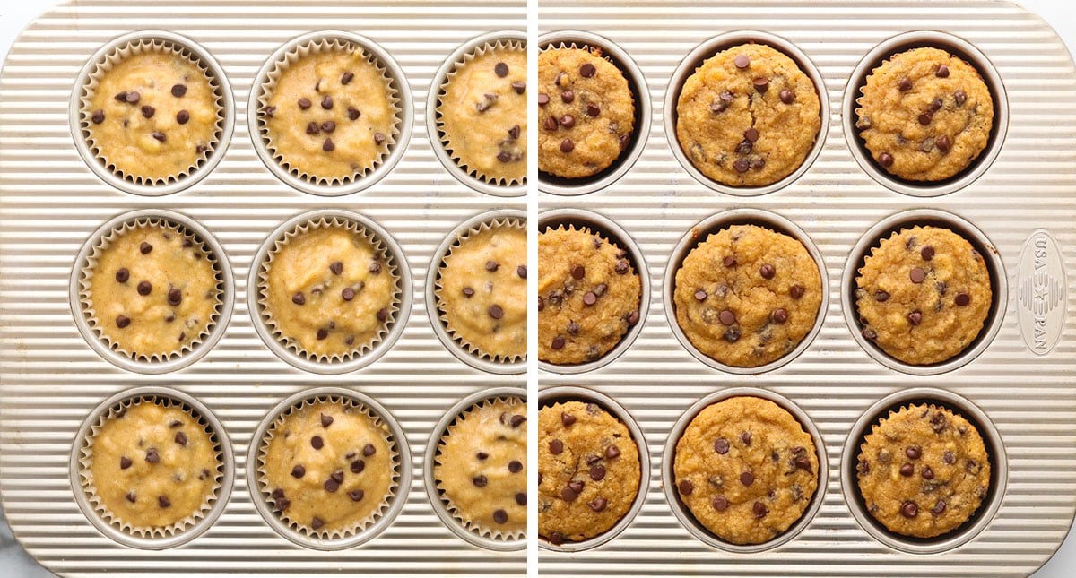 almond flour banana muffins in a pan before and after baking.