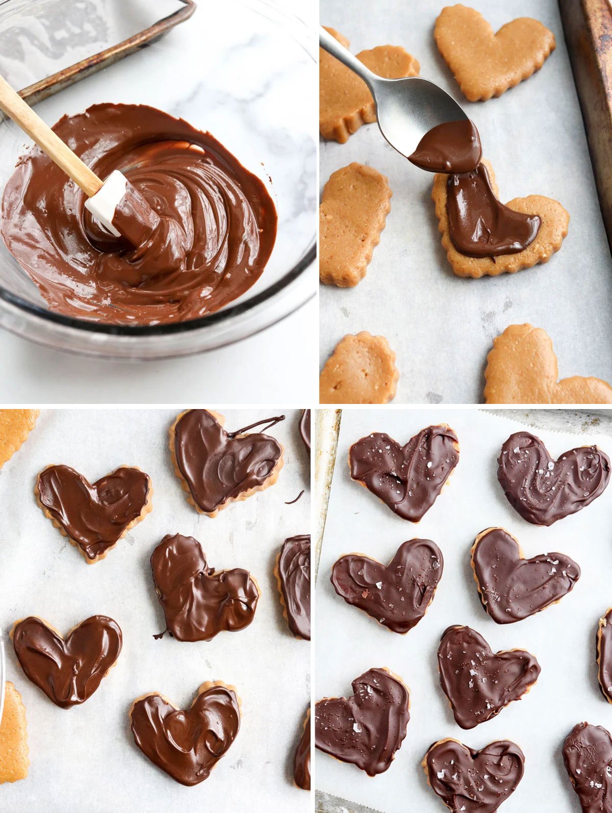 chocolate melted in a bowl and spread on both sides of peanut butter hearts.  - 7