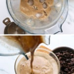 ice added to a coffee smoothie and poured into a glass.