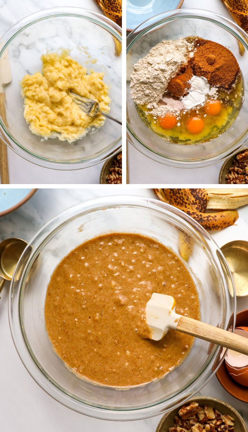 banana mashed with a fork and mixed with ingredients for muffin batter. 
