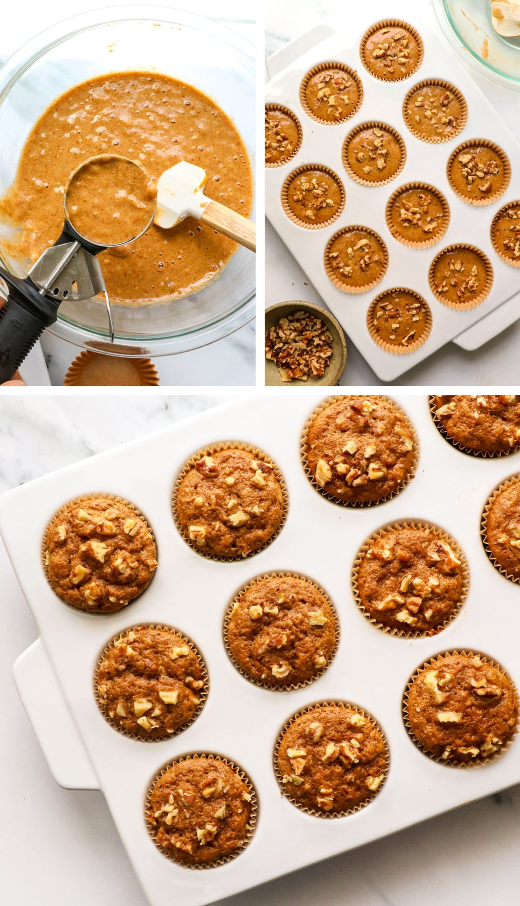 muffin batter scooped into pan and baked with walnuts on top 