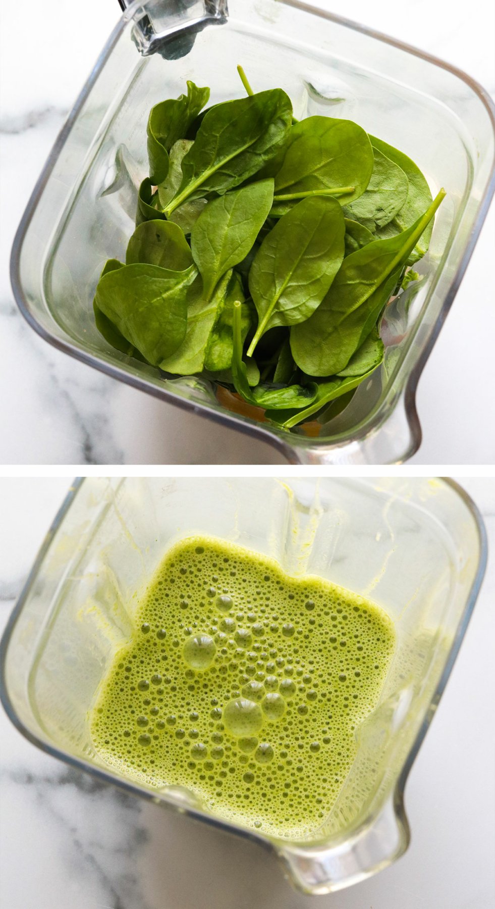 spinach blended with liquid ingredients in a blender pitcher.