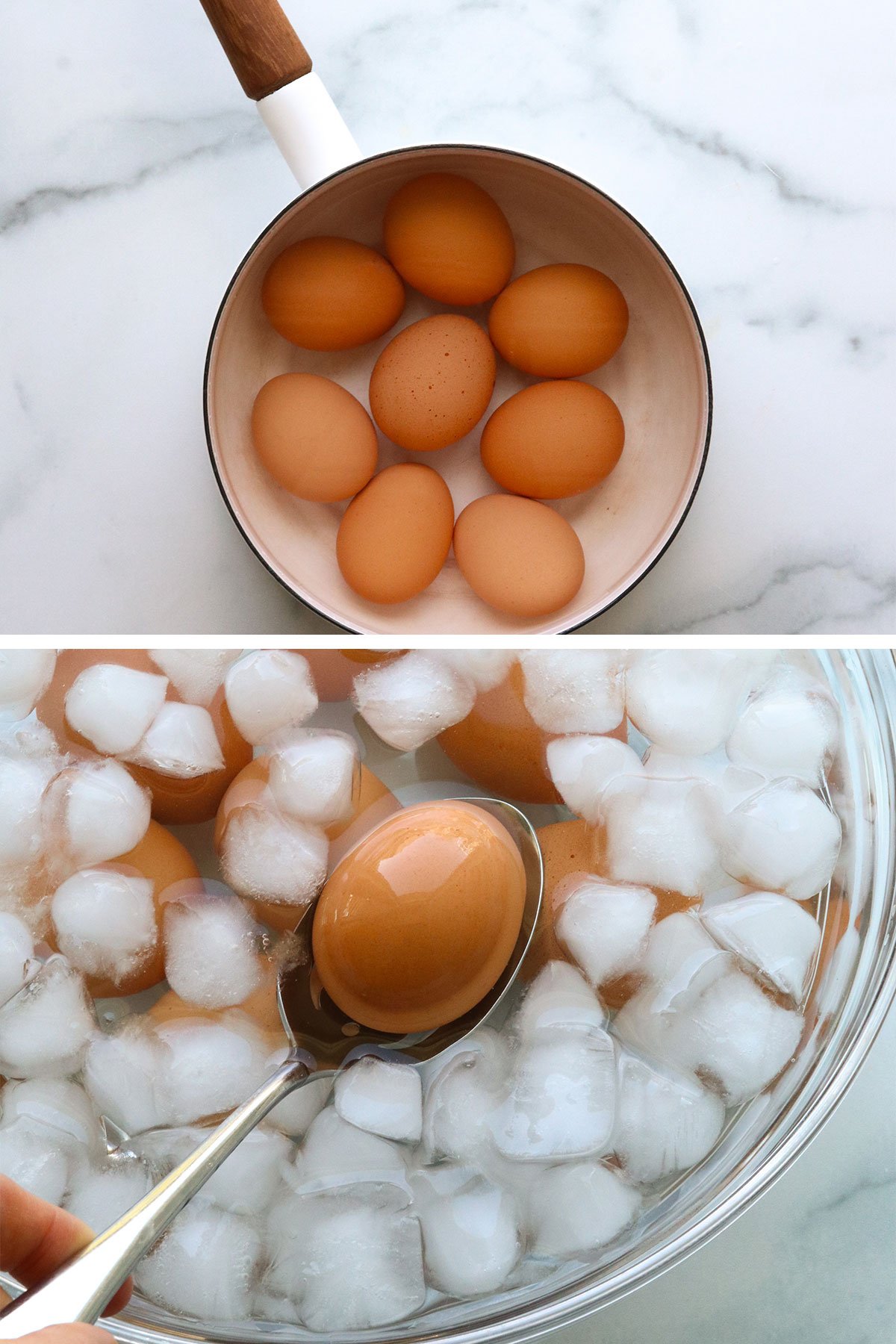 hard boiled eggs in a pot and added to ice bath.