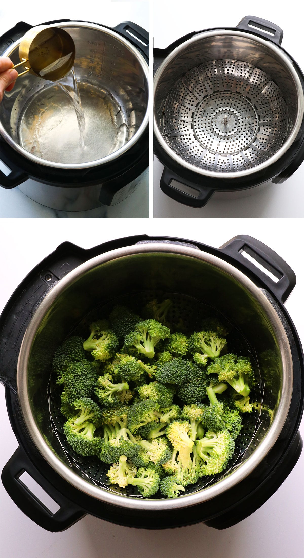 water and steamer basket in Instant Pot for broccoli.