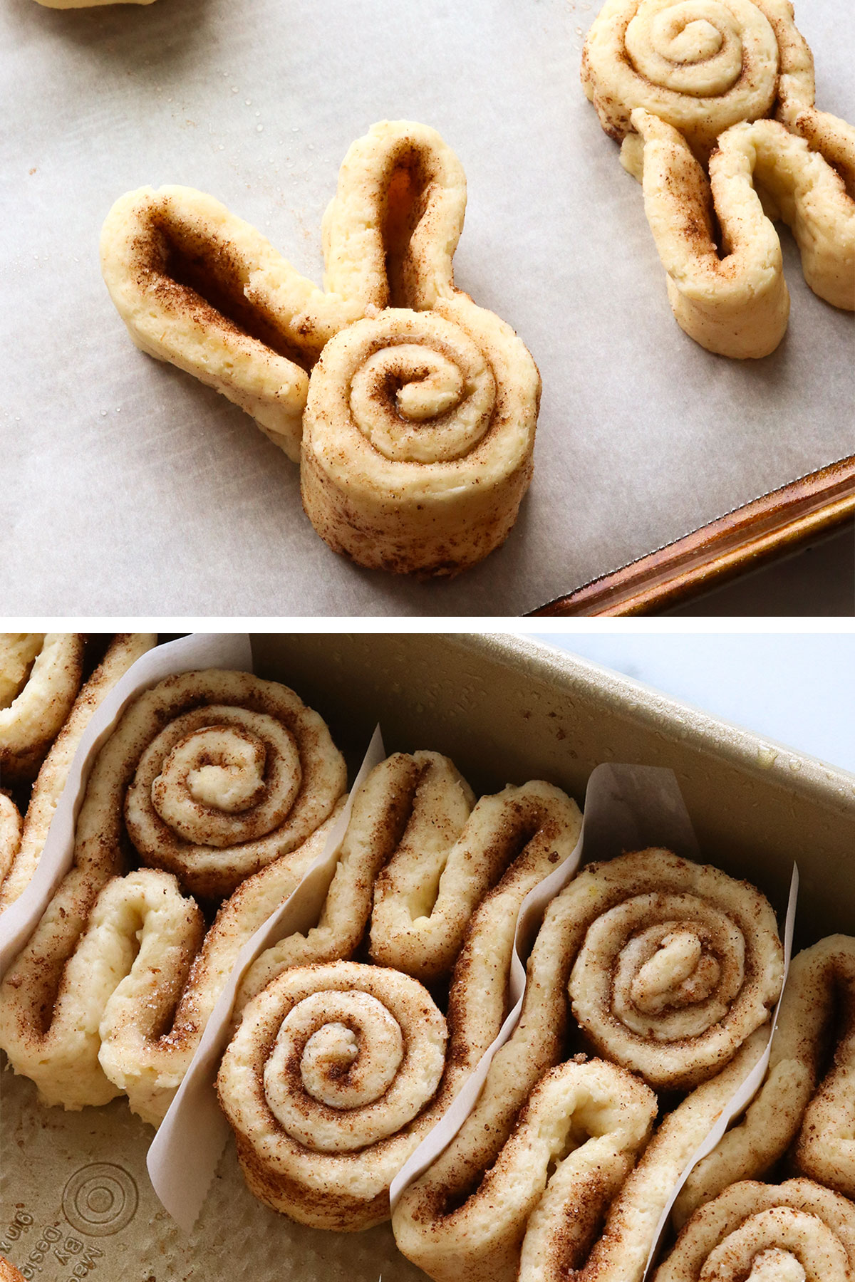 bunny cinnamon rolls shaped and arranged in the pan.