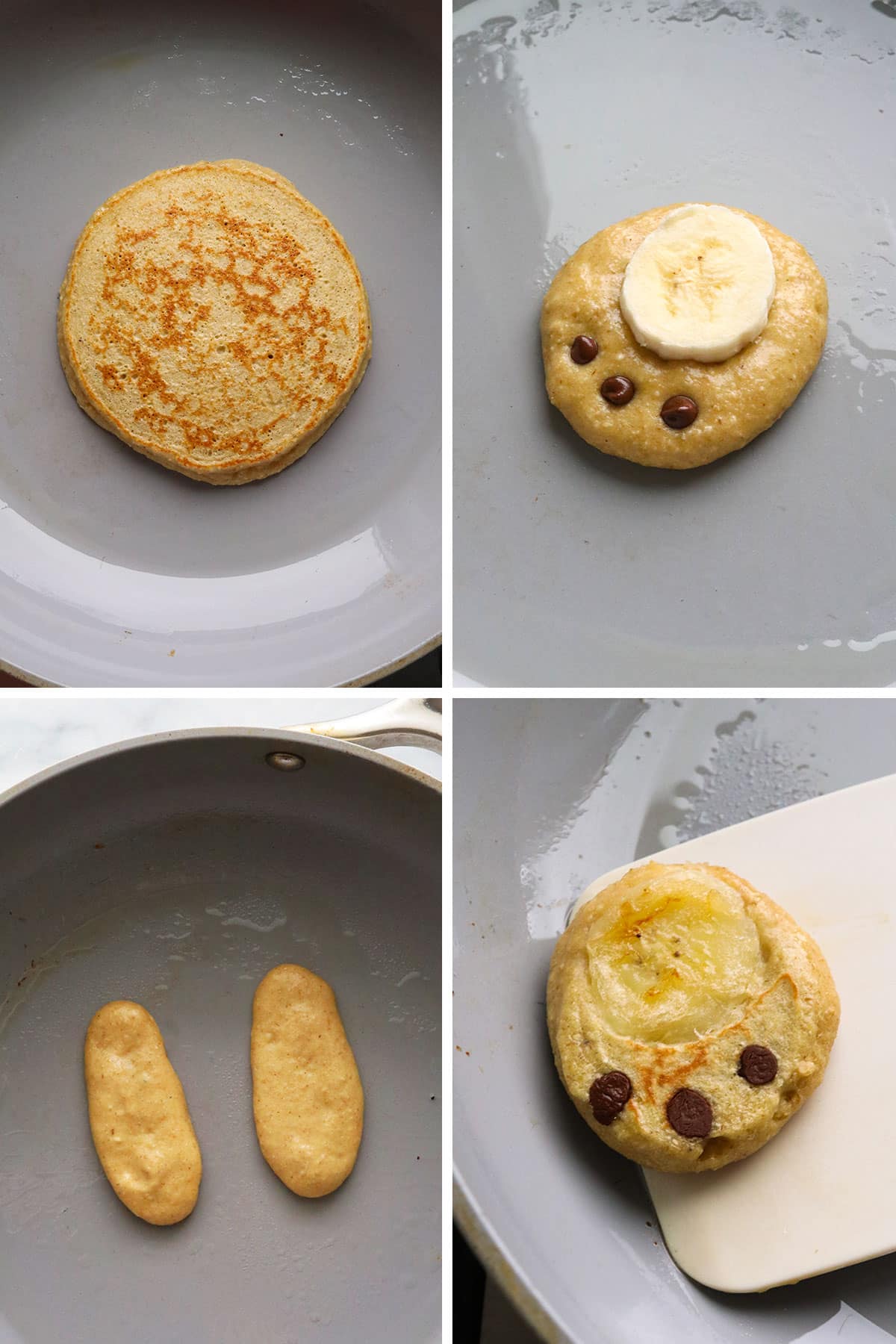 pancakes shaped like a bunny head, ears, and feet cooked in a skillet.