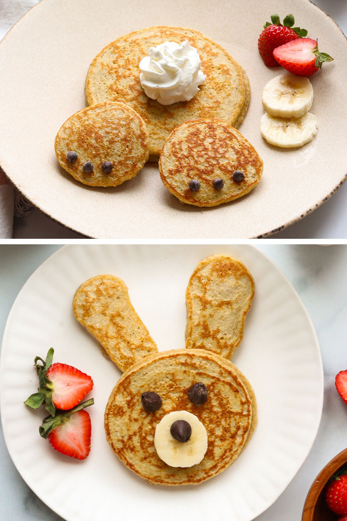bunny butt and bunny head pancakes on a white plate.