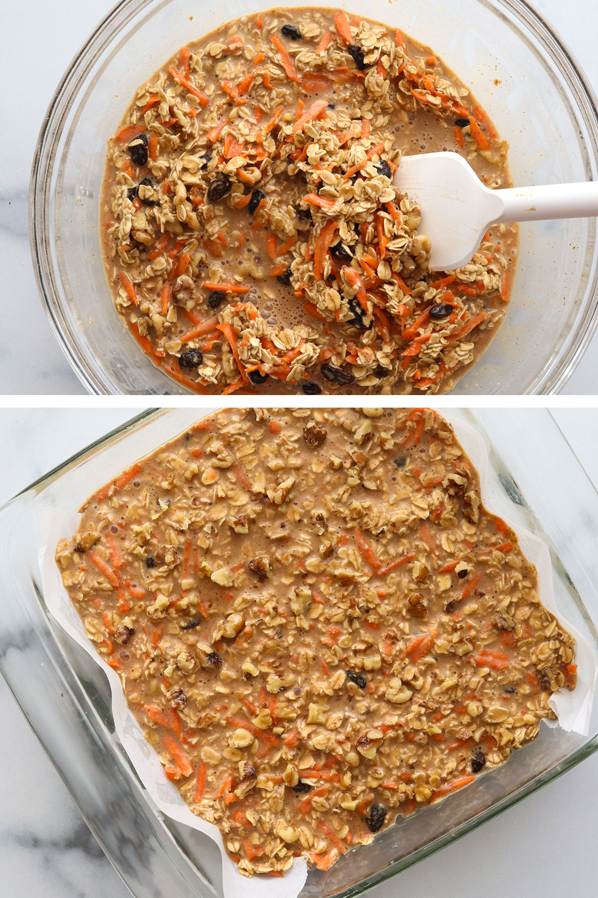 carrot cake oatmeal mixed in a bowl and poured into baking dish. 