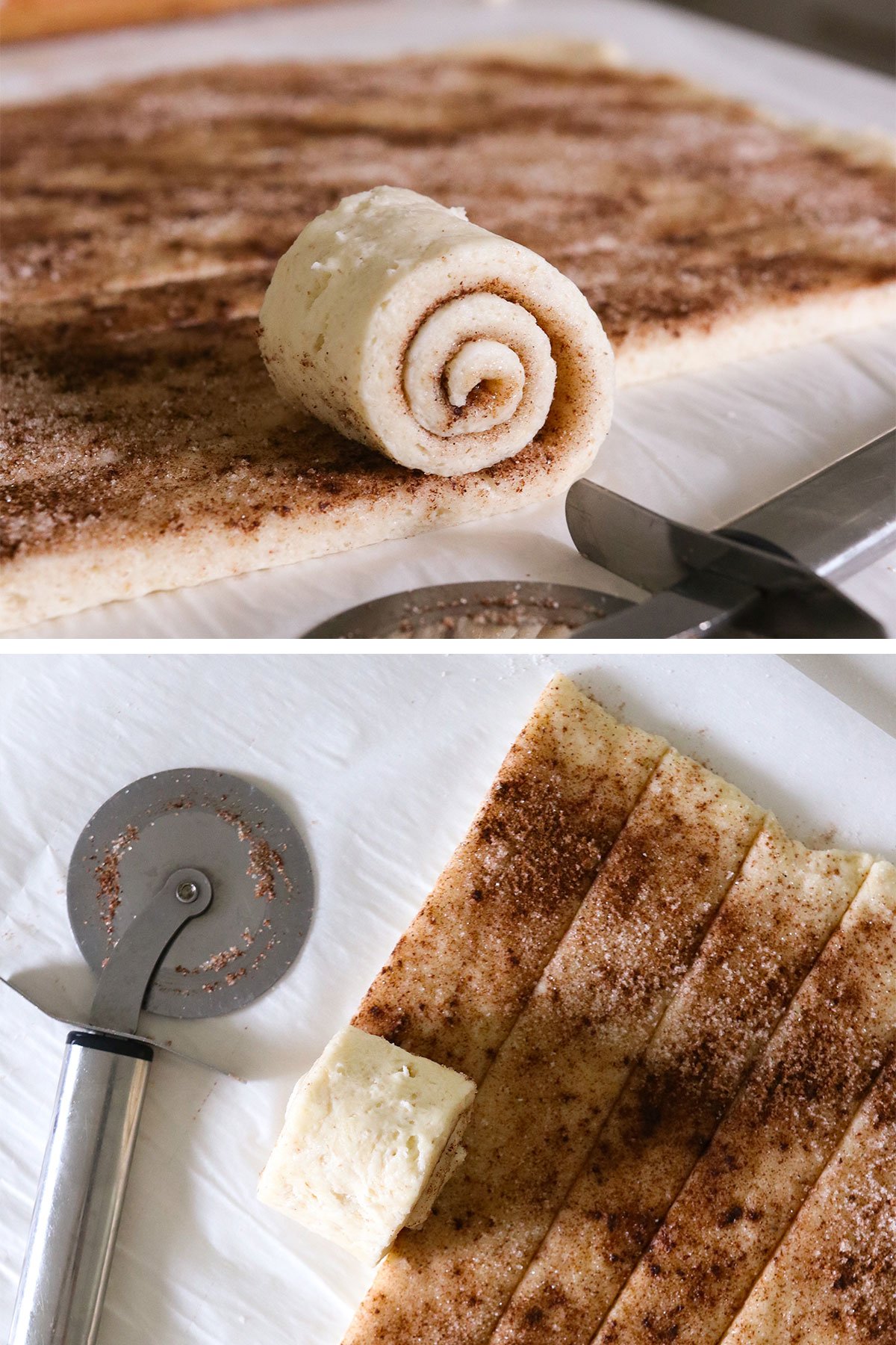 cinnamon roll dough sliced and rolled into strips.