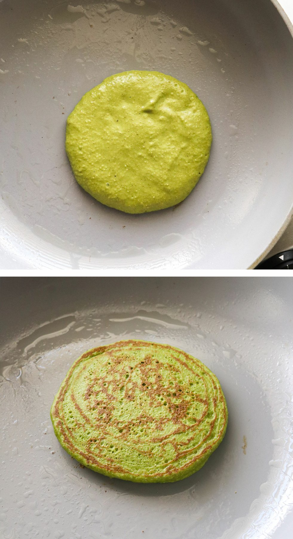 spinach pancakes before and after flipping on skillet.