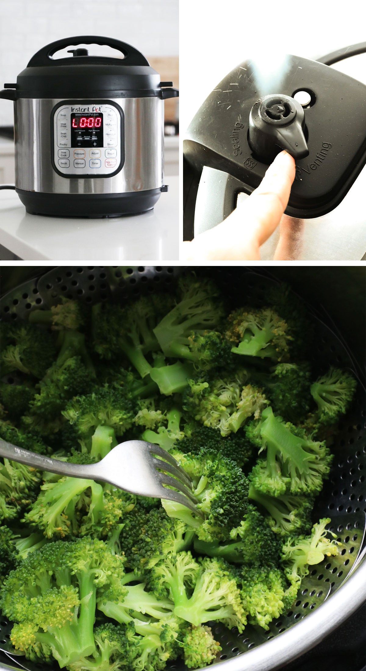 quick release of the steam valve and testing broccoli with a fork.