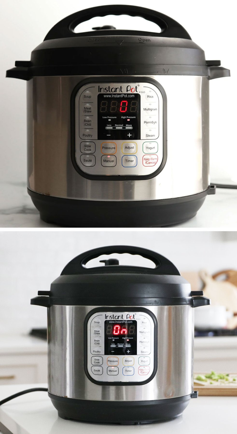 zero minute cooking cycle and ON displayed on the Instant Pot screen.