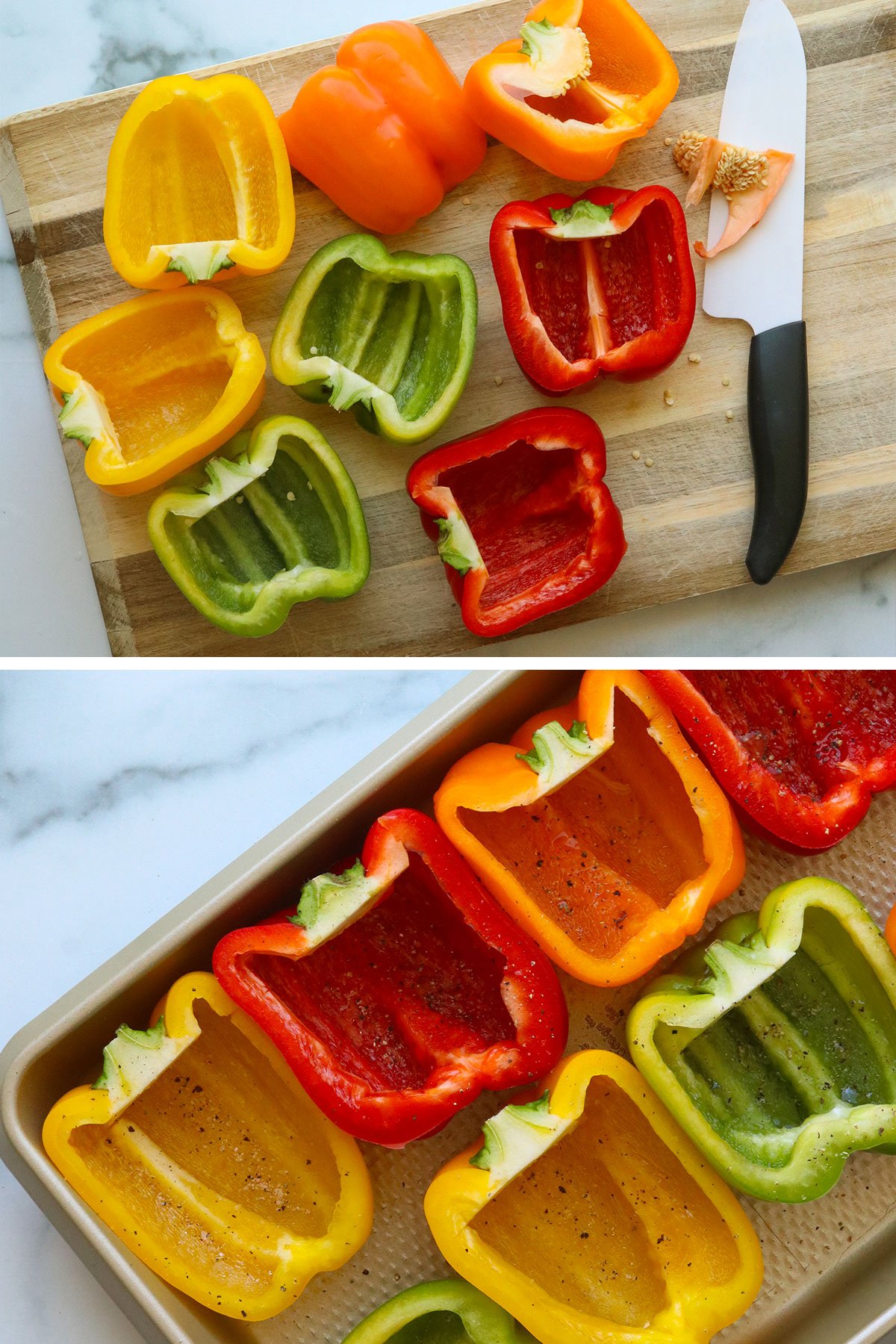 bell peppers sliced in half and seasoned with salt and pepper in pan.