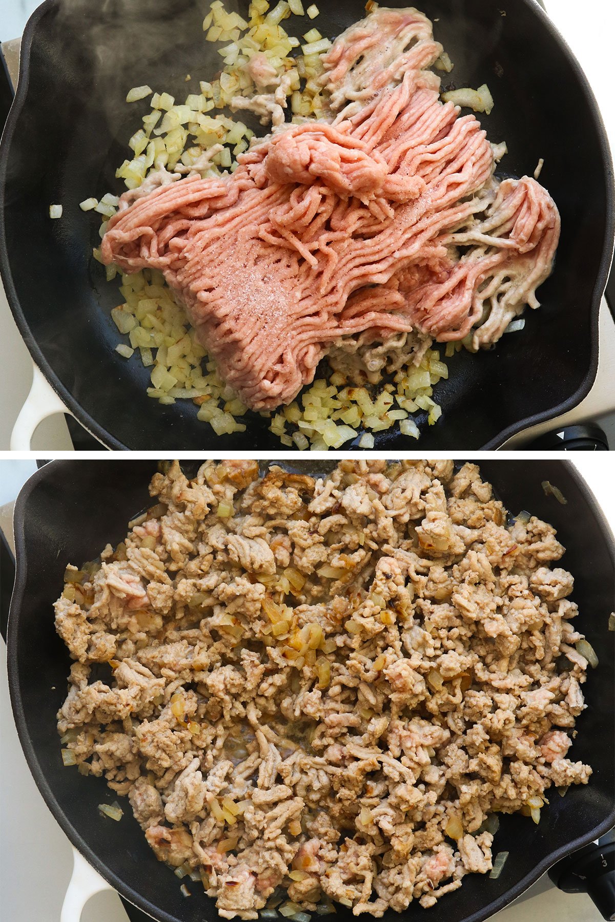 ground turkey cooked with onion in a cast iron skillet.