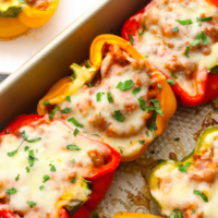 ground turkey stuffed peppers topped with mozzarella and parsley.